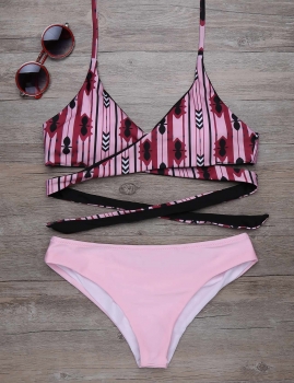 

Printed Stripes Wrap Cross Halter Bikini Set Swimwear, Multicolor