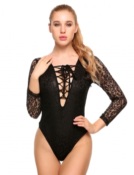 

Black Solid Cross Lace-up Collar Lace Long Sleeve One-piece Swimwear, Multicolor