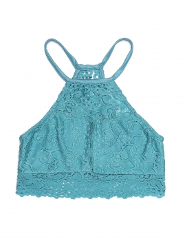 

Blue Spaghetti Strap Sleeveless Floral Lace Keyhole Solid Crop Tops, Multicolor
