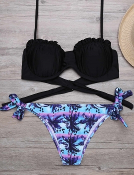 

Ruffle Trim Halter Ruched Top Printed Side Tie Bottom Bikini Set, Multicolor