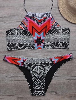 

Halter Tribal Print Back Hook Bikini Set Swimwear, Multicolor