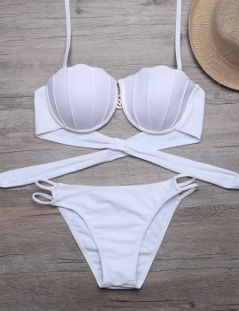 

Halter Solid Shell Shape Backless Cut Out Bikini Set, Multicolor