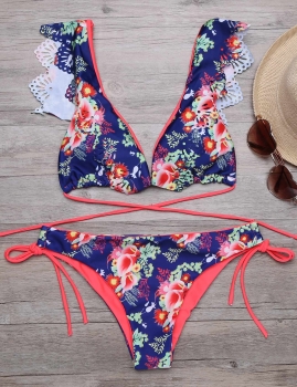 

Floral Printed Ruffles Side Tie Bikini Set, Multicolor