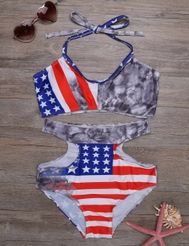 

Halter Star Stripes Print High Waist Cut Out Bikini Set, Multicolor
