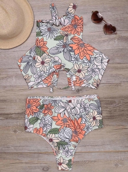 

Halter Backless Printed Wrap Cross High Waist Bikini Set, Multicolor
