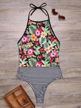 

Halter Backless Printed Patchwork High Cut One Piece Swimsuit, Multicolor
