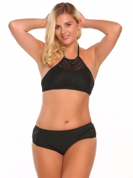 

Black Halter Plus Size Sheer Mesh Push Up Bikini Set Swimwear, Multicolor