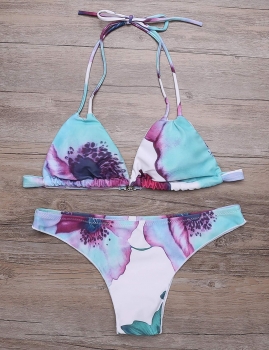 

Halter Backless Printed Triangle Bikini Set Swimwear, Multicolor
