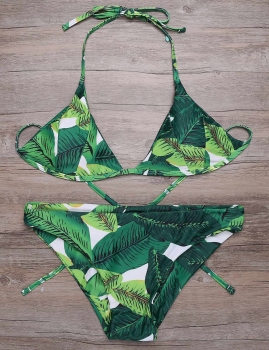 

Leaf Print Halter Self Tie Backless Triangle Bikini Set, Multicolor