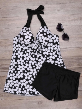 

Black Halter Printed Tankini Top and Boyshorts Bottom Swimwear, Multicolor