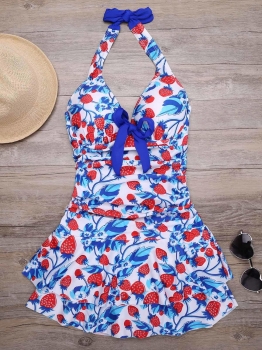 

Blue Strawberry Printed Halter Back Lace Up Skirted One Piece Swimsuit, Multicolor