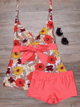 

Printed Halter Bowknot Tankini Top and Boyshort Bottom Swimwear, Multicolor