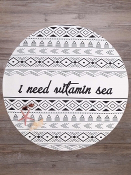 

Geometric Letters Print Round Mandala Beach Blanket, Black white