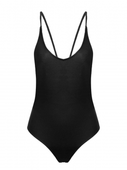 

Black Solid Spaghetti Strap High Cut Monokini One Piece Swimsuit, Multicolor