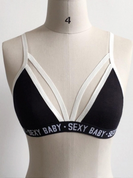 

Black Elastic Strap Patchwork Letters Print Bra, Multicolor