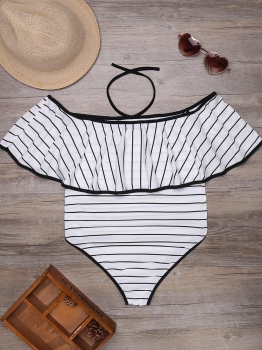 

Halter Stripes Ruffles Off the Shoulder One Piece Swimsuit, Multicolor