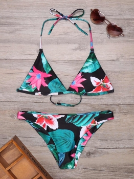 

Halter Floral Backless Triangle Bikini Set Swimwear, Multicolor