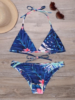 

Halter Backless Leaf Print Triangle Bikini Set Swimwear, Multicolor