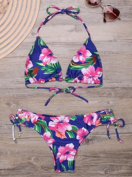 

Floral Halter Backless Triangle Side Tie Bikini Set, Multicolor