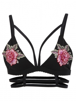 

3D Flower Patch Embroidery Caged Bralette Bra, Multicolor