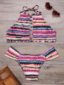 

Multicolored Stripes Halter Ladder Cut Out Bikini Set, Multicolor
