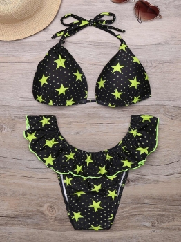 

Halter Star Dot Printed Triangle Ruffle Bikini Set, Multicolor