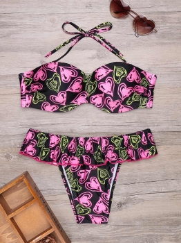 

Printed Halter Backless Push Up Ruffle Bikini Set, Multicolor