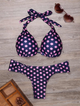 

Polka Dot Halter Backless High Cut Bikini Set, Multicolor