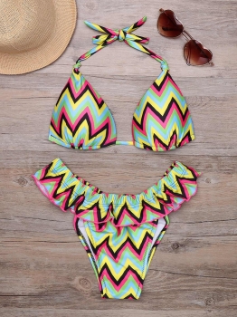 

Halter Multicolor Printed Triangle Ruffle Bikini Set