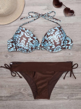 

Printed Push Up Halter Side Tie Bikini Set, Multicolor