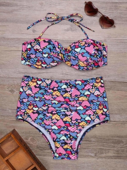 

Halter Multicolored Printed High Waist Ruched Bikini Set, Multicolor