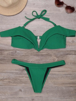 

Green Solid Halter High Cut Bikini Set Swimwear, Multicolor