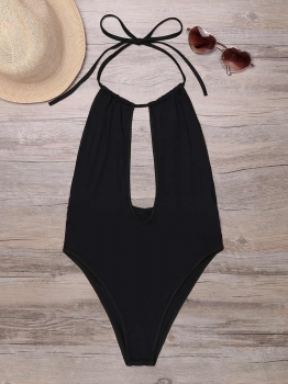 

Solid Halter Front Cut Out Backless One Piece Swimsuit, Multicolor