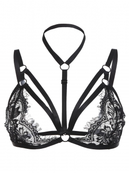 

Black Eyelash Fringe Halter Lace Bralette, Multicolor