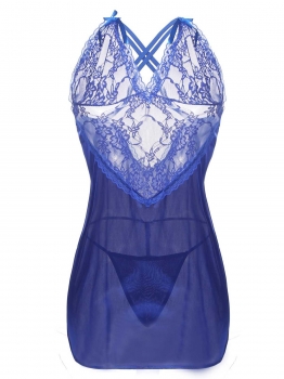 

Blue V-Neck Sleeveless Lace Mesh Transparent Lingerie with G-string, Multicolor
