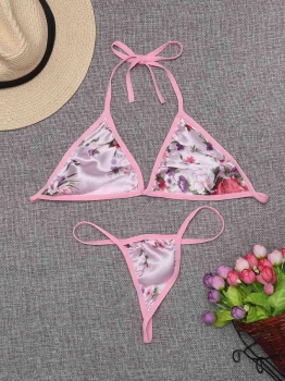 

Women Sexy Lingerie Bralette Set Halter Floral Triangle Cup Unlined Bra with G-string, Multi-color