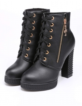 

Women Side Zip Faux Leather Lace Up Platform Square High Heel Motorcycle Boot, Multicolor