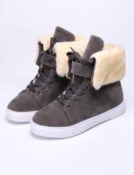 

Gray Warm Fold Up Lace Up Flat Heel Ankle Boot Fleece Lined, Multicolor