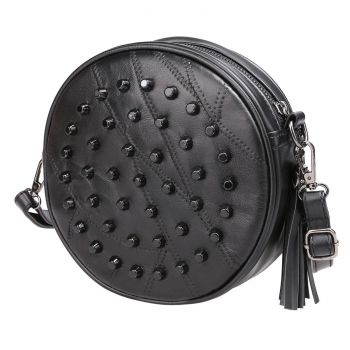 

Black Stylish Rivet Tassel Synthetic Leather Round Shape Crossbody Bag