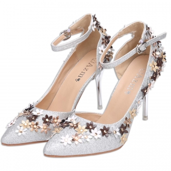 

Flower Glitter Strap Ankle Pointed Toe Stiletto High Heel Pumps For Wedding Party, Multicolor