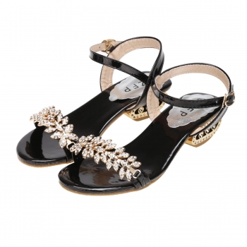 

Black Rhinestone Leaf Embellished Sandals Round Toe Ankle Buckles Low Heel, Multicolor