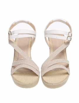 

Beige Round Toe Ankle Buckle Wedge High-Heel Sandals, Multicolor