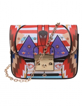 

Red Printed Lock Flap Crossbody Bag with Chain