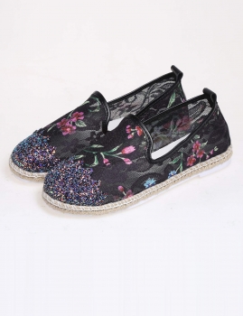 

Black Floral Print Mesh Sequined Espadrilles Shoes, Multicolor