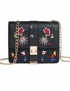 

Black Flowers Embroidery Lock Closure Chain Crossbody Bag, Multicolor
