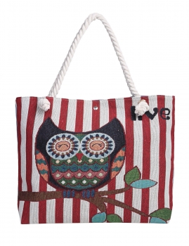 

Cute Owl Pattern Print Striped Canvas Tote, Multi color