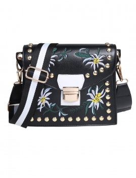 

Black Flowers Pattern Embroidery Push Lock Studded Crossbody Bag, Multicolor