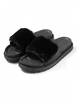 

Black Rabbit Hair Soft Sole Flat Slippers, Multicolor