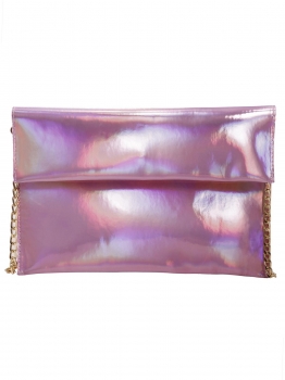 

Pink Solid Hologram Fashion Clutch Bag with Chain