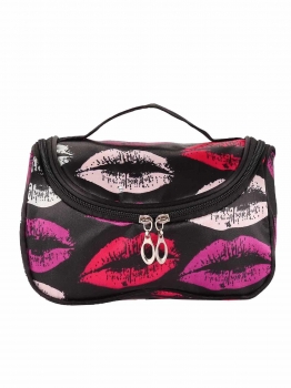

Black Cosmetic Bag Makeup Organizer Zipper Handbag Lip Print Travel Toiletry Bags, Multicolor